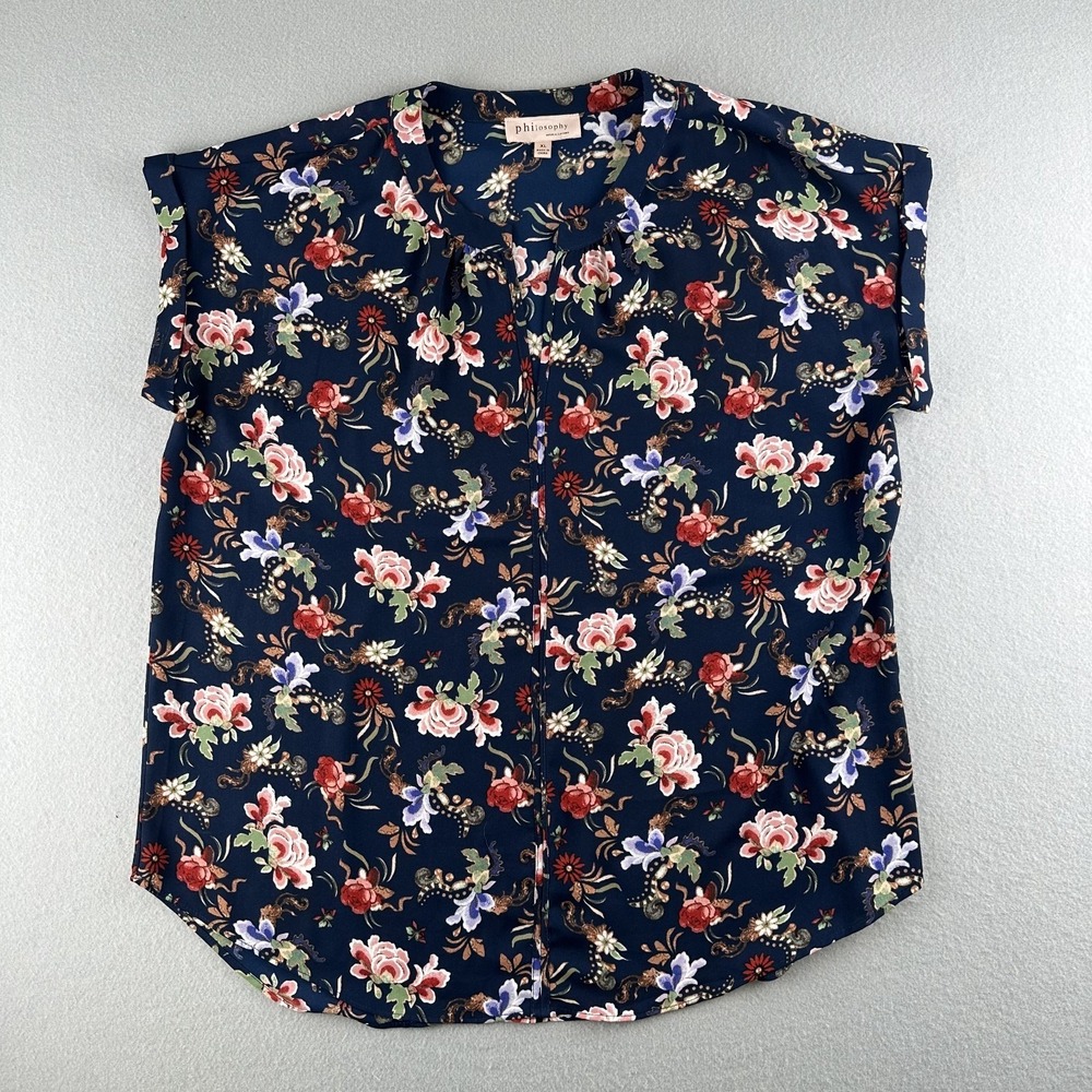 Philosophy Blouse Women XL Navy Blue‎ Floral Split Neck Short Cuffed Sleeve Top